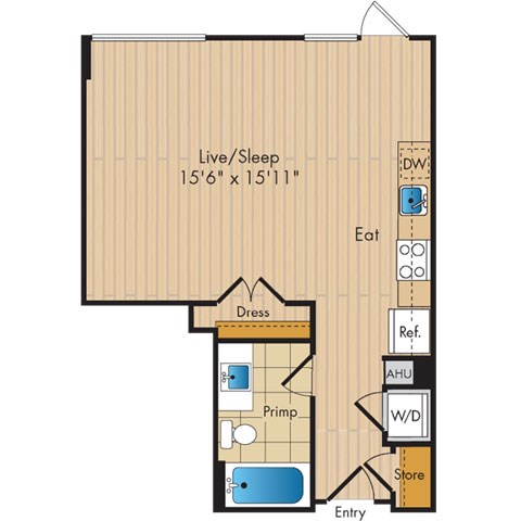 Floor plan for studio, 1 bath, 559 sqft