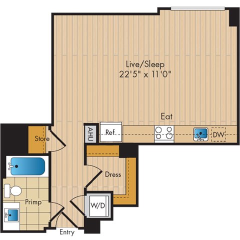 Floor plan for studio, 1 bath, 564 sqft