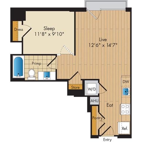 Floor plan for studio, 1 bath, 586 sqft