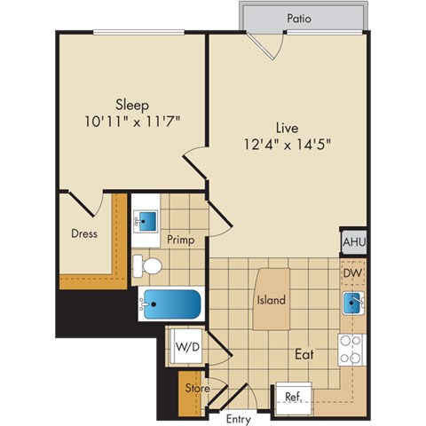 Floor plan for 1 bed, 1 bath, 640 sqft