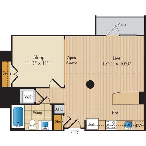 Floor plan for 1 bed, 1 bath, 657 sqft