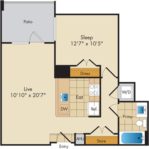 Floor plan for 1 bed, 1 bath, 675 sqft