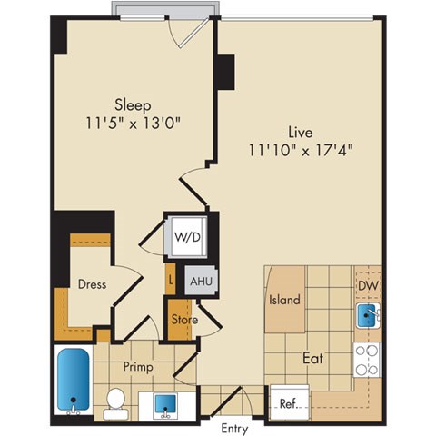 Floor plan for 1 bed, 1 bath, 712 sqft