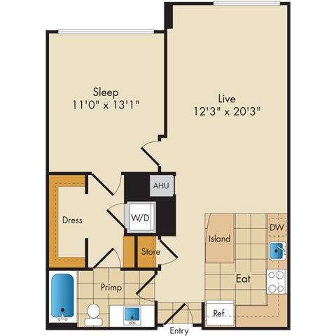 Floor plan for 1 bed, 1 bath, 752 sqft