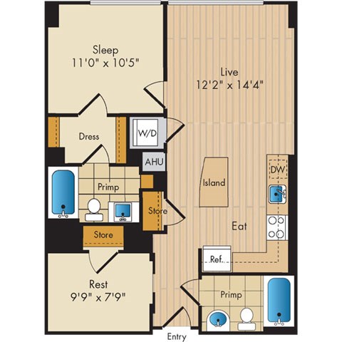 Floor plan for 1 bed, 2 baths, 783 sqft