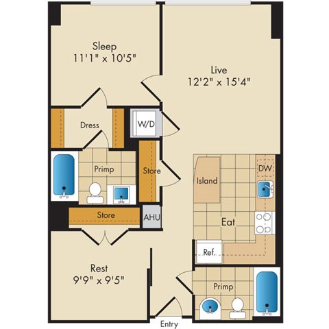 Floor plan for 1 bed, 2 baths, 809 sqft