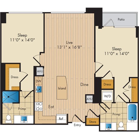 Floor plan for 2 beds, 2 baths, 1061 sqft