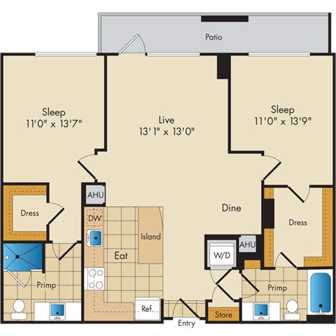 Floor plan for 2 beds, 2 baths, 1067 sqft