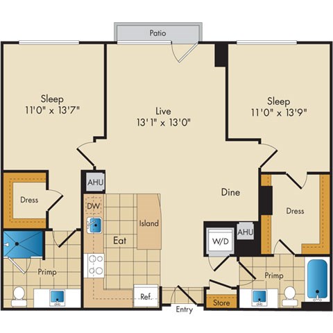 Floor plan for 2 beds, 2 baths, 1069 sqft