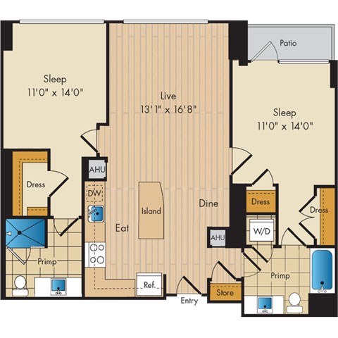 Floor plan for 2 beds, 2 baths, 1087 sqft