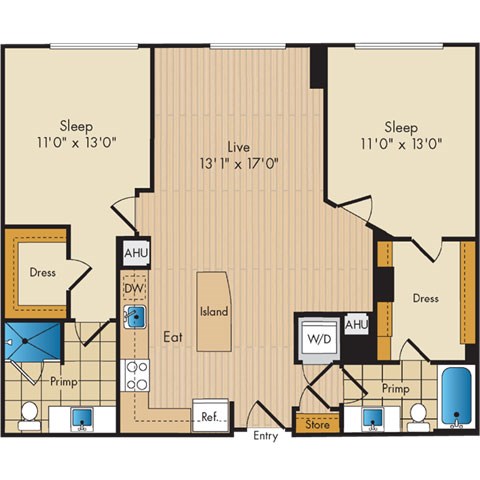 Floor plan for 2 beds, 2 baths, 1105 sqft