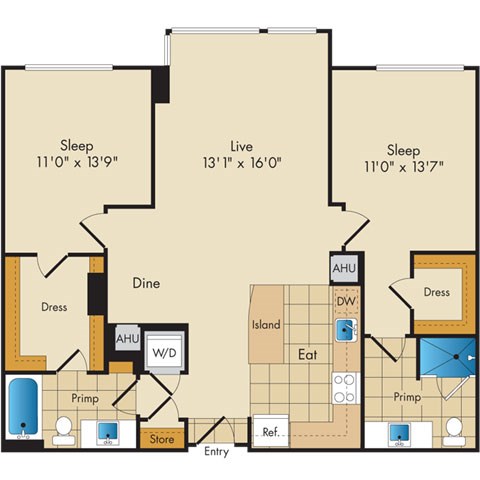 Floor plan for 2 beds, 2 baths, 1112 sqft
