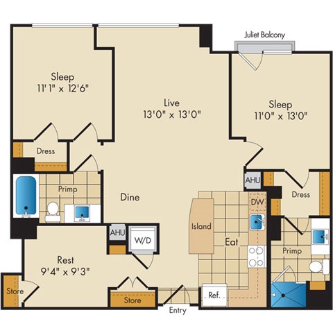Floor plan for 2 beds, 2 baths, 1138 sqft