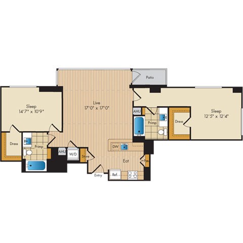 Floor plan for 2 beds, 2 baths, 1178 sqft