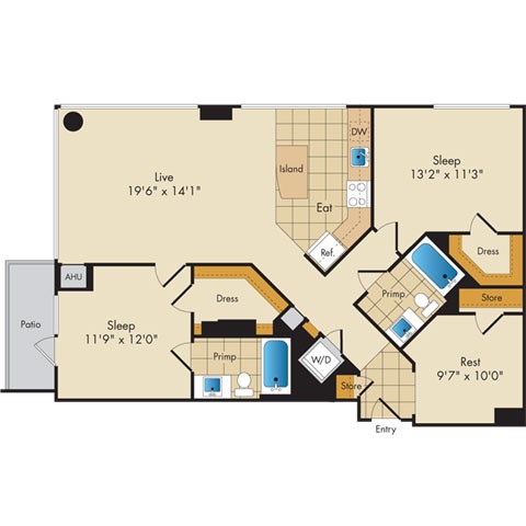 Floor plan for 2 beds, 2 baths, 1200 sqft