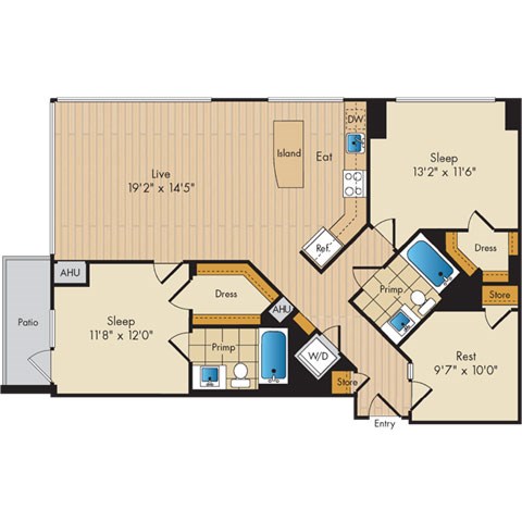 Floor plan for 2 beds, 2 baths, 1203 sqft
