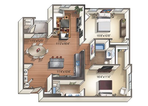 Floor plan for 2 beds, 2 baths, 1177 sqft