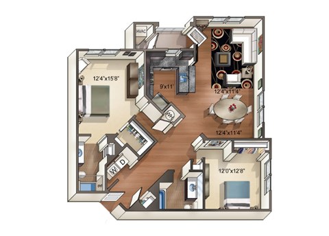 Floor plan for 2 beds, 2 baths, 1175 sqft