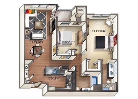Floor plan for 2 beds, 2 baths, 1025 sqft