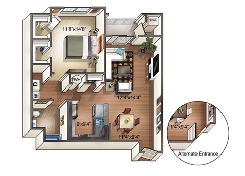 Floor plan for 1 bed, 1 bath, 820 sqft