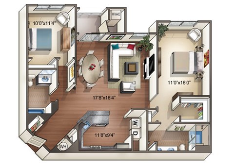 Floor plan for 2 beds, 2 baths, 1169 sqft
