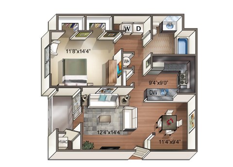 Floor plan for 1 bed, 1 bath, 831 sqft