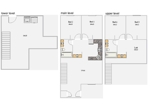 Floor plan for 4 beds, 2 baths, 1840 sqft