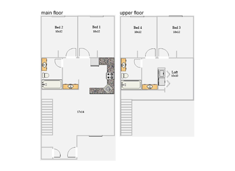 Floor plan for 4 beds, 2 baths, 1600 sqft