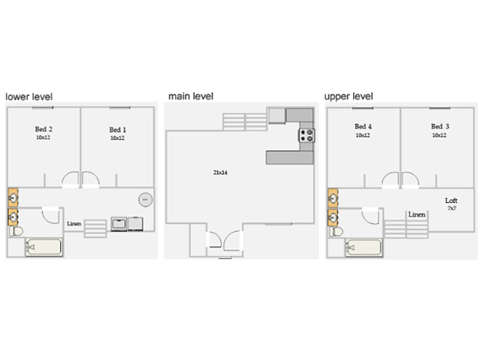 Floor plan for 4 beds, 2 baths, 1400 sqft
