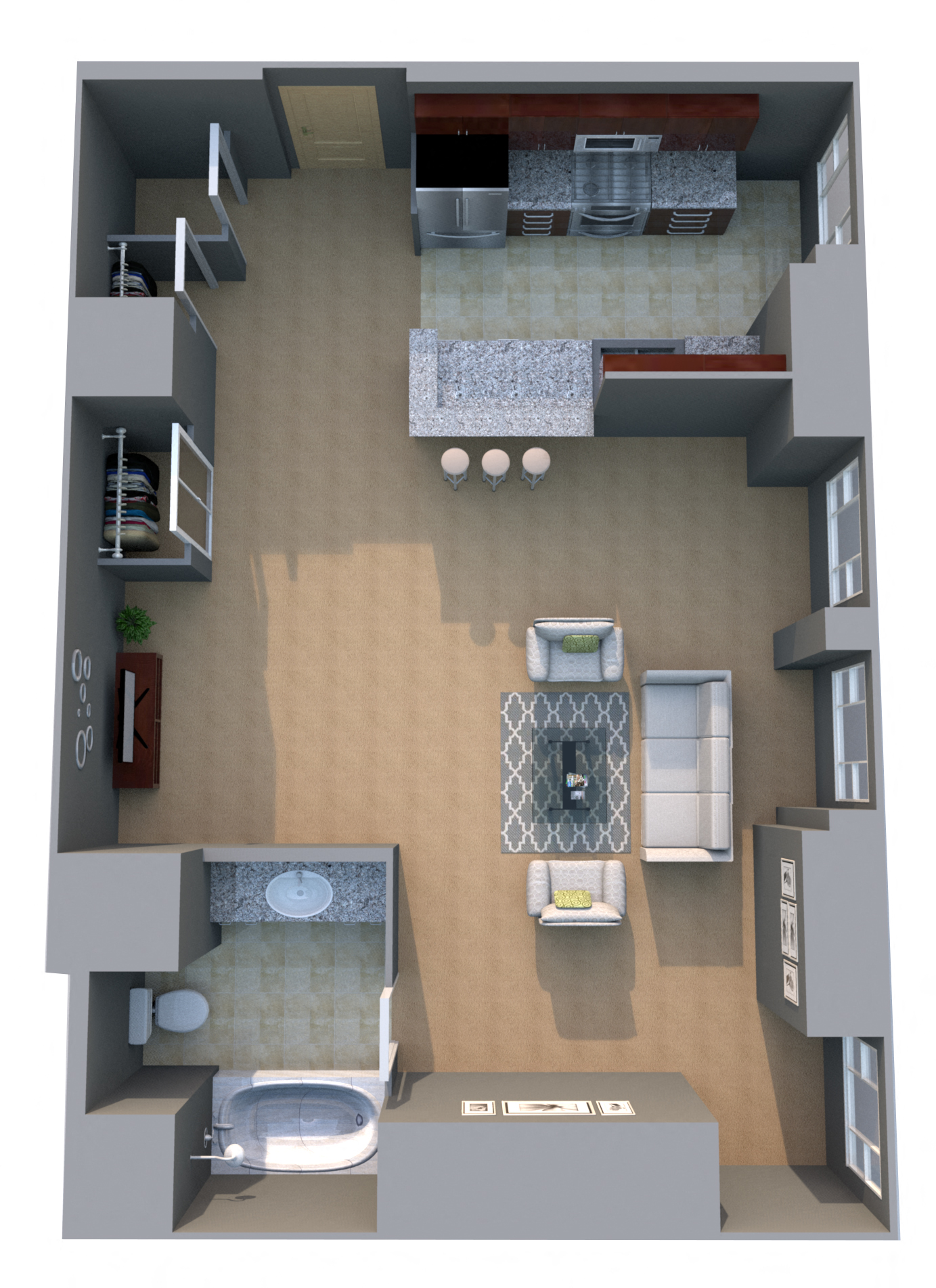 Floor plan for studio, 1 bath, 565 sqft