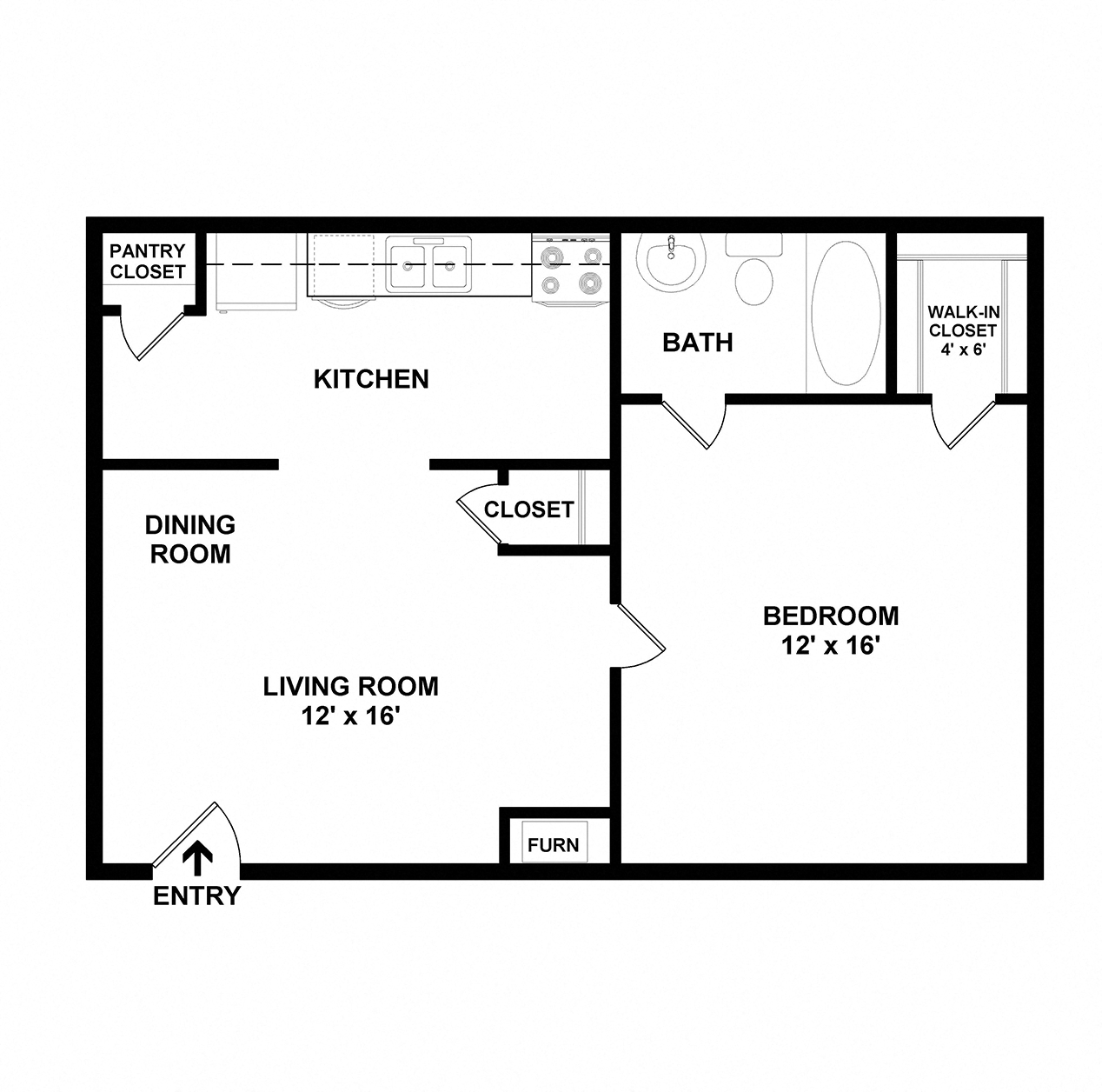 Floor plan for 1 bed, 1 bath, 465 sqft