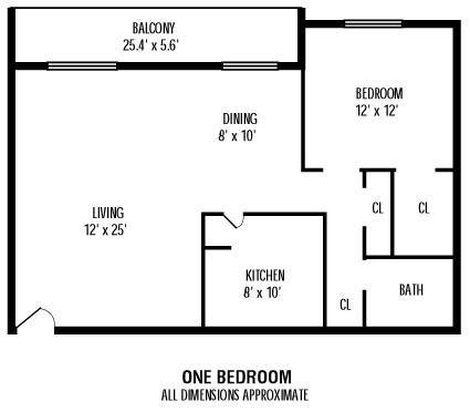 Floor plan for 1 bed, 1 bath, 609 sqft