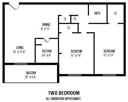 Floor plan for 2 beds, 1 bath, 775 sqft