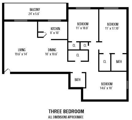 Floor plan for 3 beds, 2 baths, 1070 sqft