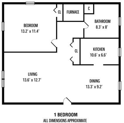 Floor plan for 1 bed, 1 bath, 850 sqft