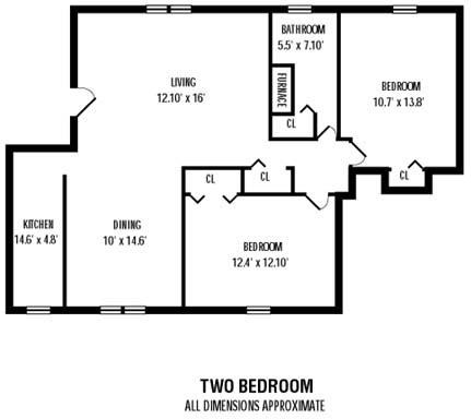 Floor plan for 2 beds, 1 bath, 1100 sqft