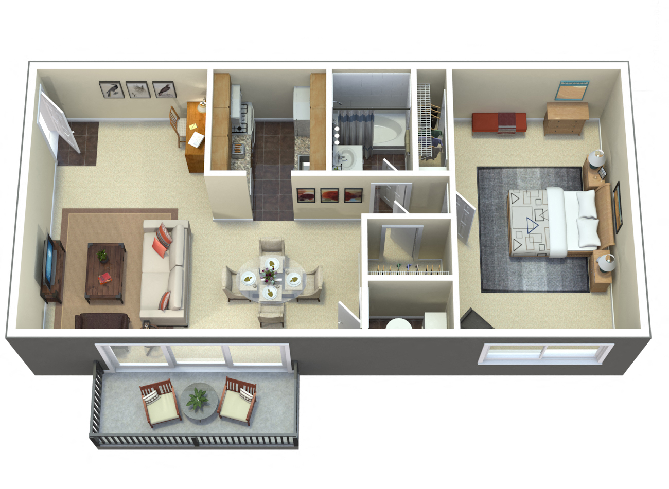 Floor plan for 1 bed, 1 bath, 650 sqft