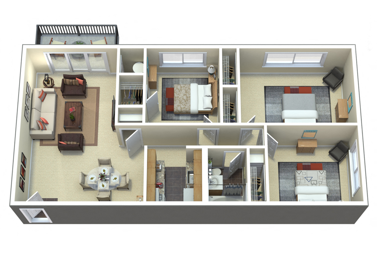 Floor plan for 3 beds, 1 bath, 1000 sqft