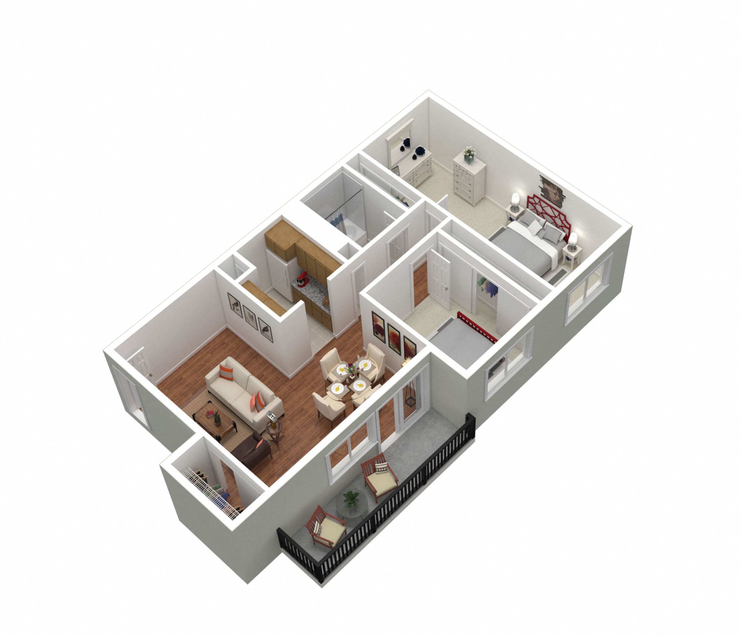 Floor plan for 1 bed, 1 bath, 645 sqft