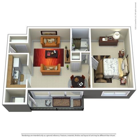 Floor plan for 1 bed, 1 bath, 605 sqft