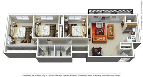 Floor plan for 3 beds, 2 baths, 900 sqft