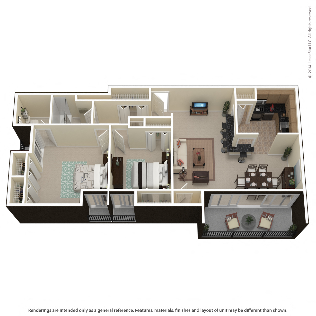 Floor plan for 2 beds, 1 bath, 858 sqft