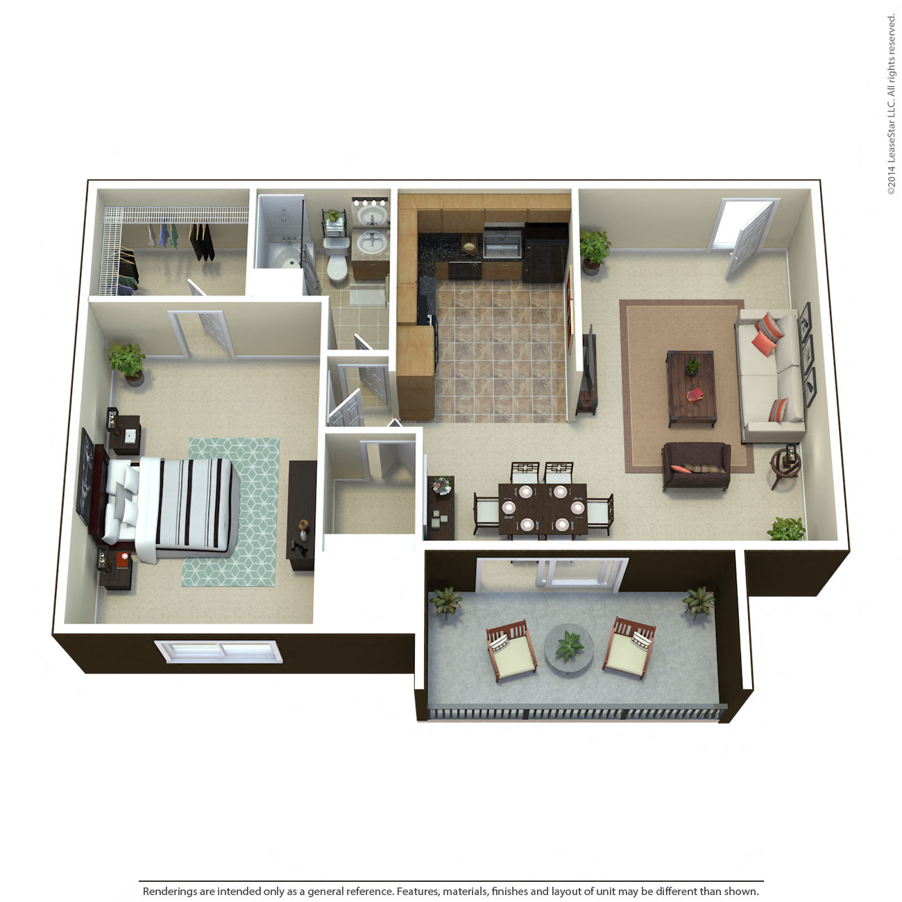 Floor plan for 1 bed, 1 bath, 577 sqft