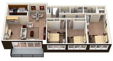 Floor plan for 3 beds, 2 baths, 1320 sqft