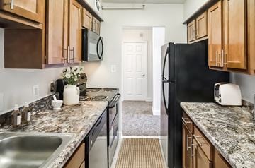 Baltimore apartment for rent - A kitchen with a black fridge and wooden cabinets.