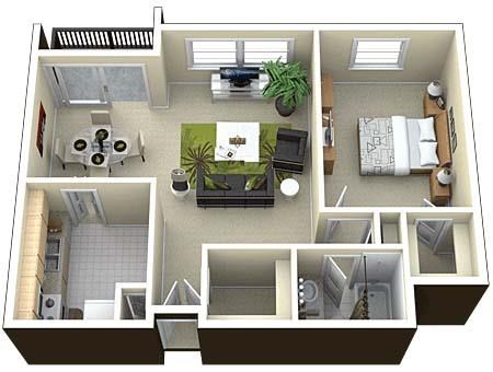 Floor plan for 1 bed, 1 bath, 965 sqft