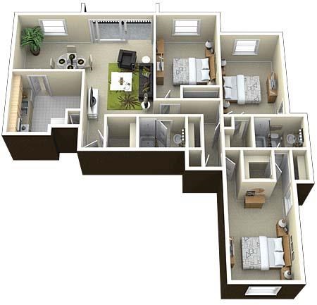 Floor plan for 3 beds, 2 baths, 1465 sqft