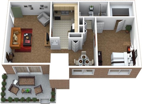 Floor plan for 1 bed, 1 bath, 670 sqft
