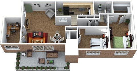 Floor plan for 2 beds, 1 bath, 968 sqft