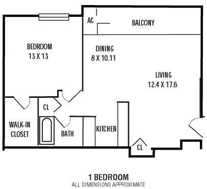 Floor plan for 1 bed, 1 bath, 700 sqft